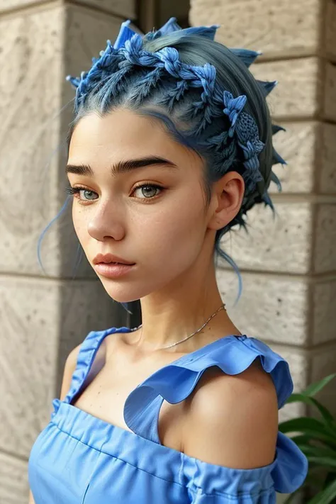 upper-body of realistic photo of <lyco:sd15_MilanaVino_loha_32_v1-000011:.9> MilanaVino, focus on face, wearing a <lora:edgPencilDress_MINI:0.8> edgpdress , her cornflower blue color hair is styled as dutch fishtail crown braid,