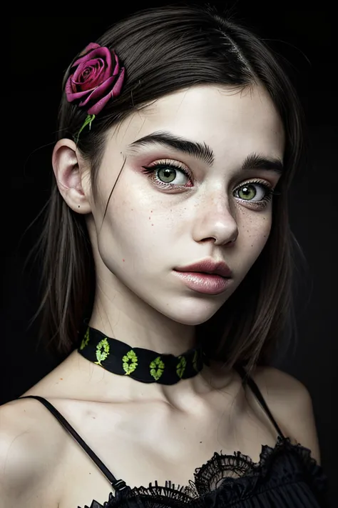 glitch art style portrait of realistic photo of <lyco:sd15_MilanaVino_loha_32_v1-000011:.9> MilanaVino, face, eyes, rose symbols