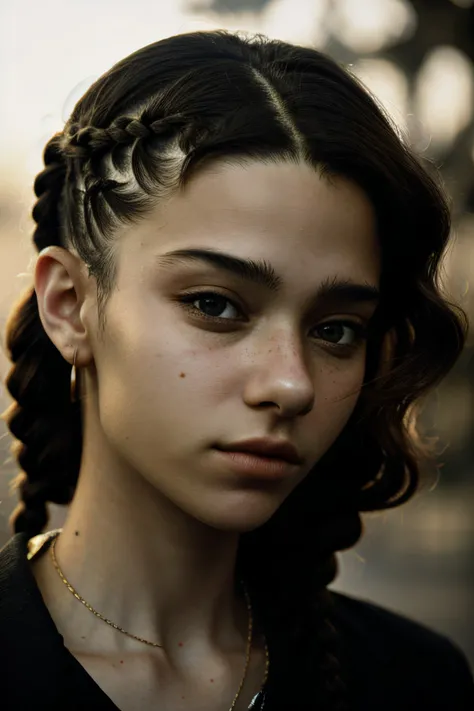 chiaroscuro portrait, high contrast, dramatic, Rembrandt lighting, realistic photo of <lyco:sd15_MilanaVino_loha_32_v1-000011:.9> MilanaVino , focus on eyes, close up on face, hair styled as Braided Curly Hair, lens flare