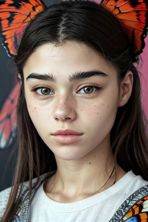 oil painting style portrait of realistic photo of <lyco:sd15_MilanaVino_loha_32_v1-000011:.9> MilanaVino, face, eyes, butterfly symbols