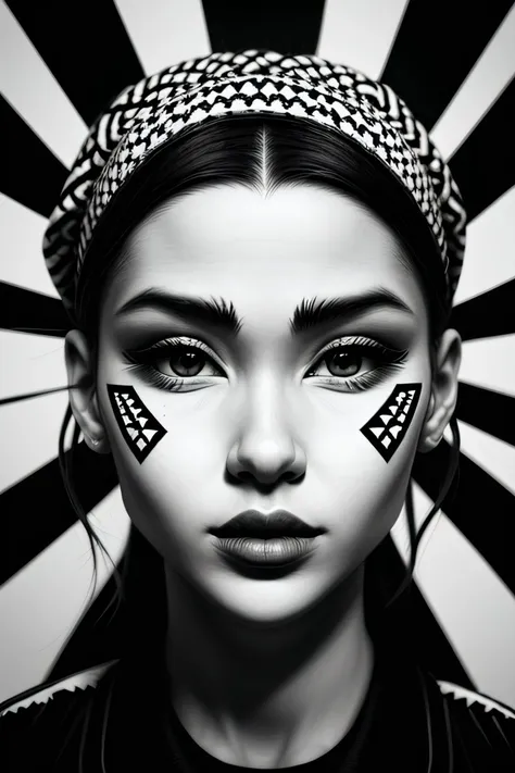 (op art style, optical illusions, black and white, geometric, detailed:1.15), shadow art style portrait of <lyco:sd15_MilanaVino_loha_32_v1-000011:.9> MilanaVino wing eyeliner, face, eyes, sun symbols