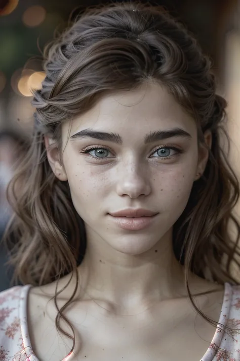 cinematic photo, 35mm photograph, film, bokeh, professional, 4k, highly detailed, realistic photo of <lyco:sd15_MilanaVino_loha_32_v1-000011:.9> MilanaVino, focus on eyes, close up on face, grinning, Peach light color hair styled as big curls hair, chiaroscuro