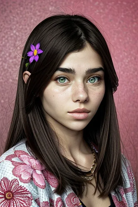 mosaic style portrait of realistic photo of <lyco:sd15_MilanaVino_loha_32_v1-000011:.9> MilanaVino, face, eyes, flower symbols