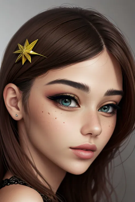 photorealistic rendering, detailed, realistic, high definition, zentangle style portrait of realistic photo of <lyco:sd15_MilanaVino_loha_32_v1-000011:.9> MilanaVino makeup, face, eyes, star symbols