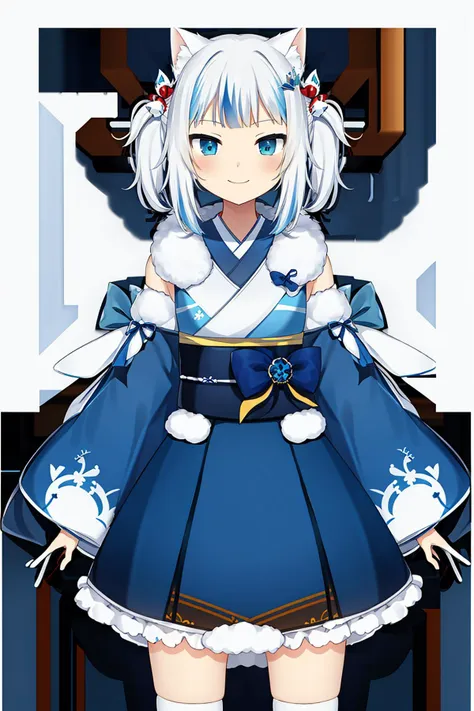 <lora:gura_v1.1-000010:0.8>, gawr gura, gura_culture_outfit, 1girl, solo, best quality, masterpiece, highres, looking at viewer, cowboyshot, hair accessories, thigh-high stockings, blue and white color scheme, h blue eyes, transparent background, cat motifs, obi-like belt, white fur trim, hair ornaments, standing pose, silver hair, blue dress, ruffles, fantasy outfit, kemonomimi (animal ears), twin tails, (solid white background: 1.3), hair ornament, smile, (dynamic pose)