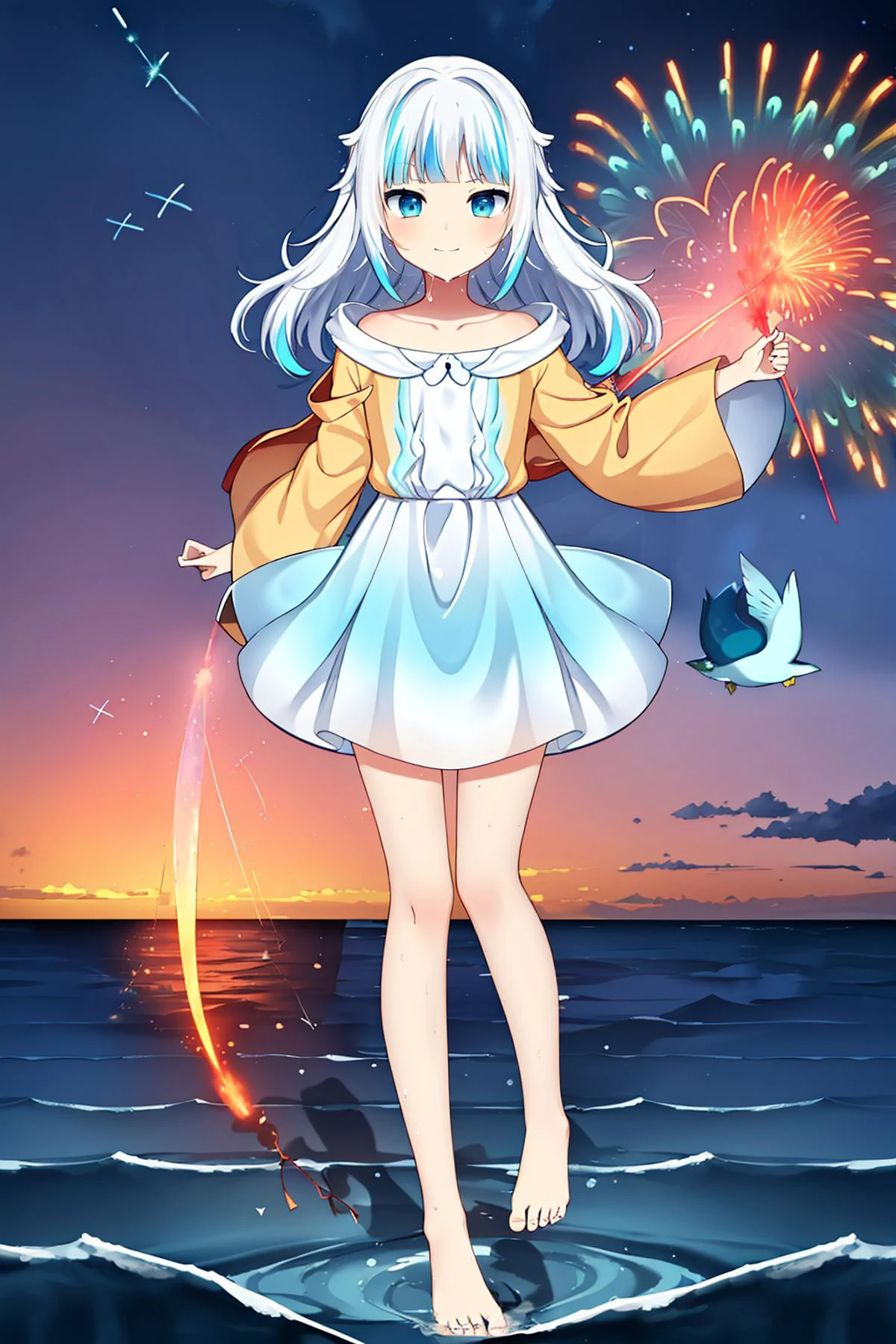 <lora:gura_v1.1-000010:0.8>, gawr gura, 1girl, solo, best quality, masterpiece, highres, looking at viewer, white hair, blue eyes, ((cowboy shot, extremely_detailed_eyes_and_face)),(detailed flooding bare feet:1.2),walking_motion,ocean waves,wind,(((glistening light of waves))),(detailed sunset glow),(floating flow),((coral)),(Luminous),coast,)floating colorful bubbles),beautiful detailed sky,(fluorescence),detailed shadow,(conch),beautiful detailed water,drenched,starfish,meteor,rainbow,(seabirds),(glinting stars), (glowworm),(splash),,detailed cloud,shell,(fireworks)