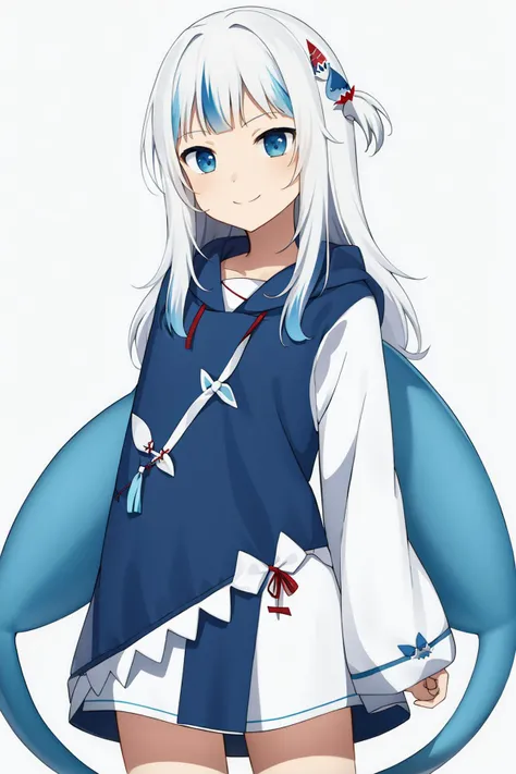 <lora:gura_v1.1-000010:0.8:0.8:lbw=Character>,  gawr gura, gura_shark_outfit, 1girl, solo, best quality, masterpiece, highres, anime style, anime color, looking at viewer,  cowboyshot, white hair,  blue shark clothes, long hair, shark tail,  (solid white background:1.4), hair ornament,  smile