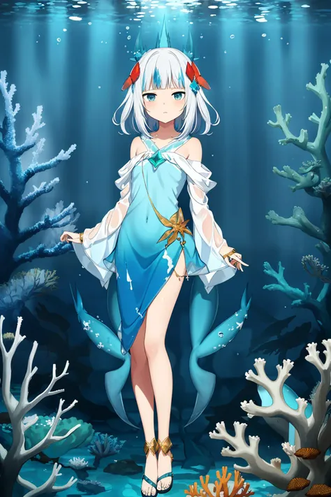 <lora:gura_v1.1-000010:0.8:0.8:lbw=Character>, gawr gura, gura_ocean_outfit, 1girl, solo, best quality, masterpiece, highres, looking at viewer, (sandals, gold accessories, hold blue trident, fantasy costume, blue gem), shark tail, hair ornament, ((underwater)),(illustration),(beautiful detailed water),((coral)),open tuck,dynamic angle,floating, (detailed light),floating hair,(splash),((fishes)),white hair, wavy hair, red left eye, blue right eye, (sunlight),(underwater forest),(painting),(bloom),(detailed glow),drenched,seaweed,fish, (((Tyndall effect))), ((overexposure)), (fist), expressionless, side blunt bangs, hairs between eyes, bare shoulders, detailed wet clothes, blank stare, (transparent dress), flowers, (shrimp), beautiful detailed sky, on beautiful detailed water, light arts