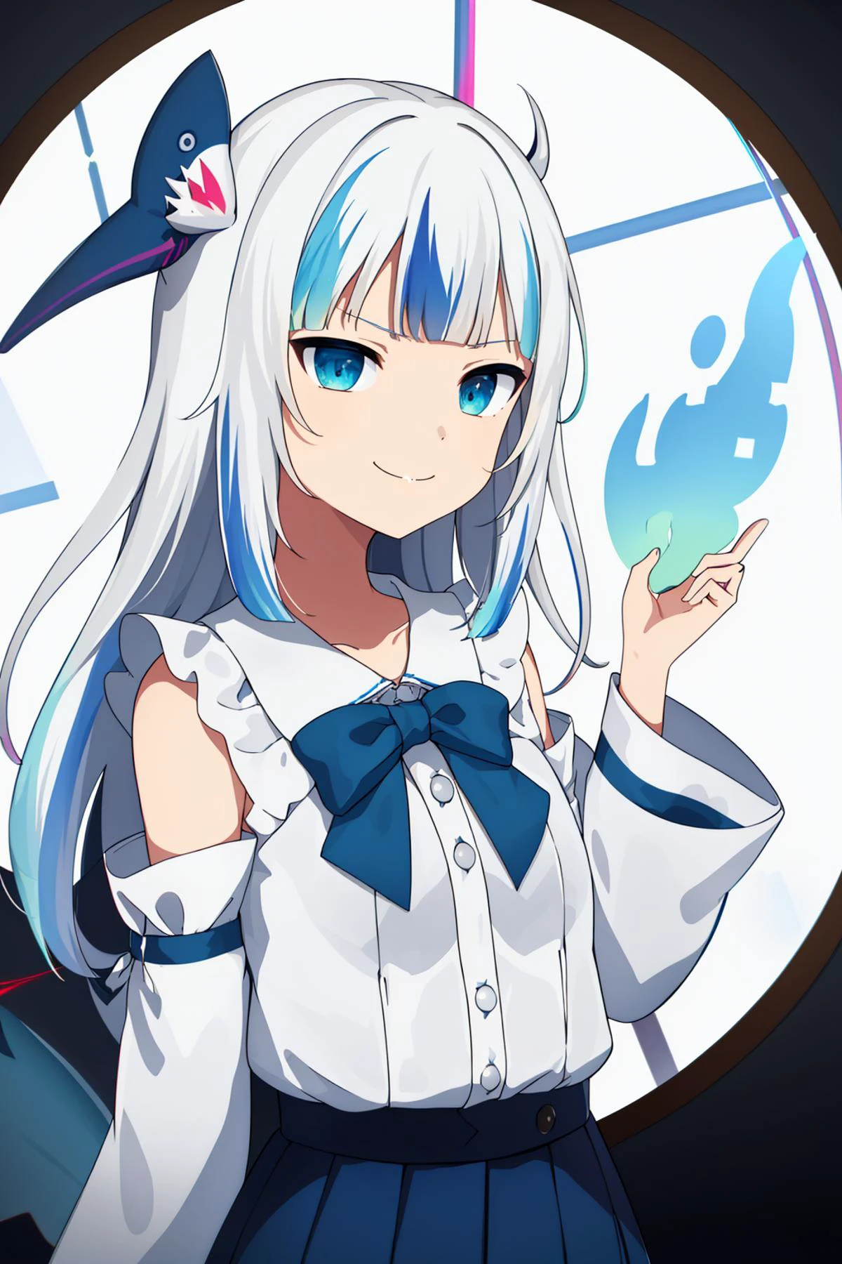<lora:gura_v1.1-000010:0.8:0.8:lbw=Character>, gawr gura, gura_shark_outfit, 1girl, solo, best quality, masterpiece, highres, anime style, anime color, looking at viewer, cowboyshot, white hair, blue shark clothes, long hair, shark tail, (solid white background:1.4), hair ornament, smile, trident, ((illustration)), ((floating hair)), ((chromatic aberration)), ((caustic)), lens flare, dynamic angle, ((portrait)), (1 girl), ((solo)), cute face, ((hidden hands)), asymmetrical bangs, (beautiful detailed eyes), eye shadow, ((huge clocks)), ((glass strips)), (floating glass fragments), ((colorful refraction)), (beautiful detailed sky), ((dark intense shadows)), ((cinematic lighting)), ((overexposure)), (expressionless), blank stare, big top sleeves, ((frills)), hair_ornament, ribbons, bowties, buttons, (((small breast))), pleated skirt, ((sharp focus)), ((masterpiece)), (((best quality))), ((extremely detailed)), colorful, hdr