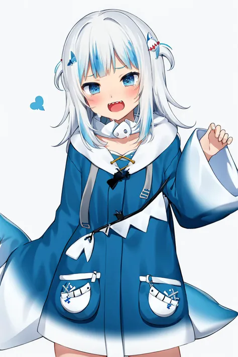 <lora:gura_v1.1-000010:0.9>,  gawr gura, gura_shark_outfit, 1girl, solo, best quality, masterpiece, highres, looking at viewer,  cowboyshot, blue shark-themed clothing, blue shark hoodie, white hair, white headband, shark tail,  (solid white background:1.4), hair ornament,  smile, open mouth, embarrassed, tear, cry