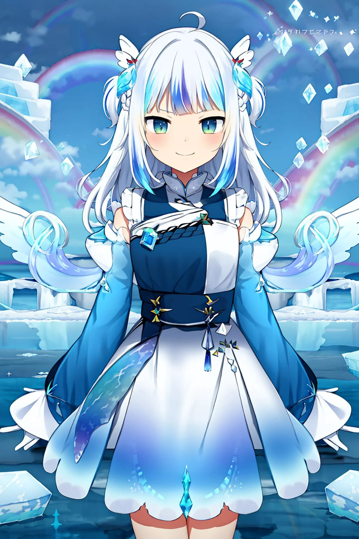 <lora:gura_v1.1-000010:0.8>, gawr gura, 1girl, solo, best quality, masterpiece, highres, looking at viewer, cowboyshot, shark tail, hair ornament, smile, detailed ice,beautiful detailed water,(beautiful detailed eyes),expressionless,beautiful detailed white gloves, (floating palaces:1.2),azure hair,disheveled hair,long bangs, hairs between eyes, (skyblue dress),black ribbon,white bowties,midriff,big forhead,blank stare,flower,large top sleeves,(((ice crystal texture wings))),(Iridescence and rainbow hair:1.5),(watercolor_(medium))