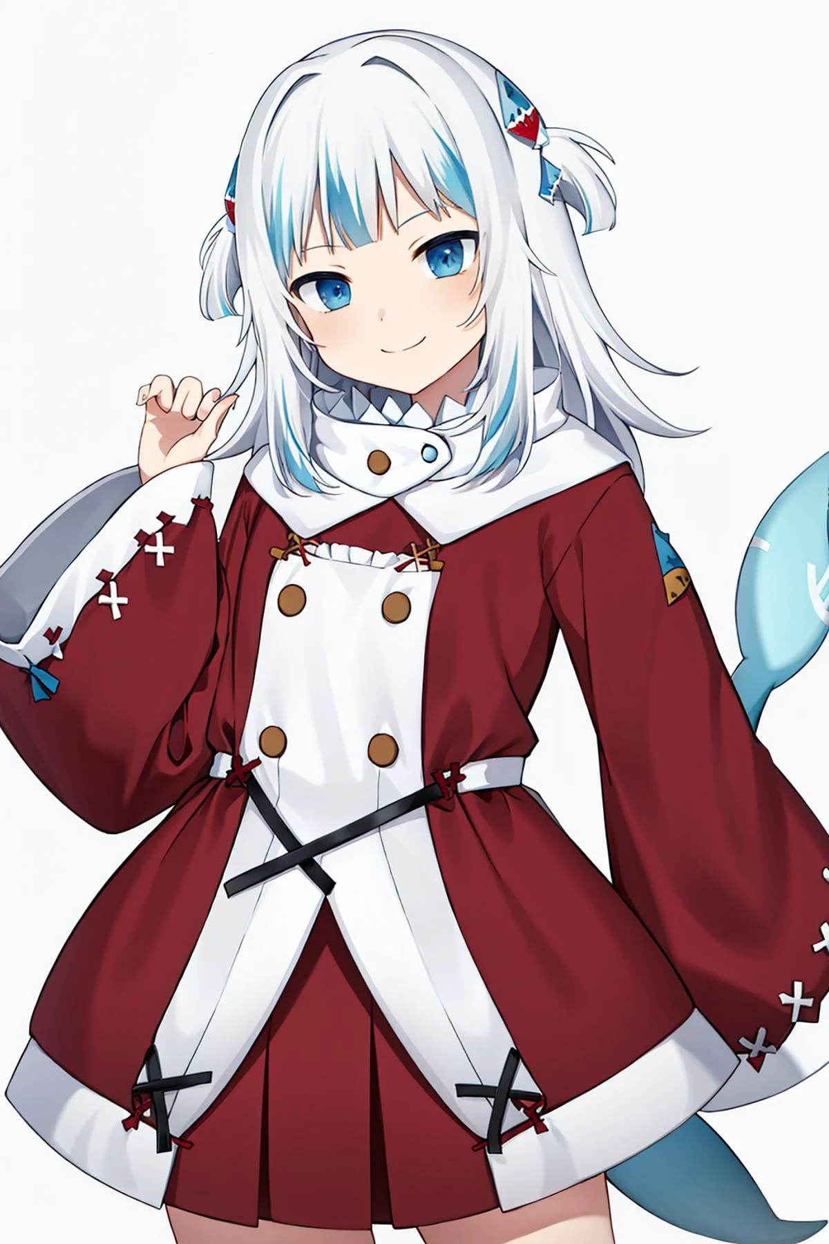 <lora:gura_v1.1-000010:0.8>, gawr gura, gura_shark_outfit, 1girl, solo, best quality, masterpiece, highres, looking at viewer, cowboyshot, white hair, white headband, shark tail, (solid white background:1.4), hair ornament, smile
