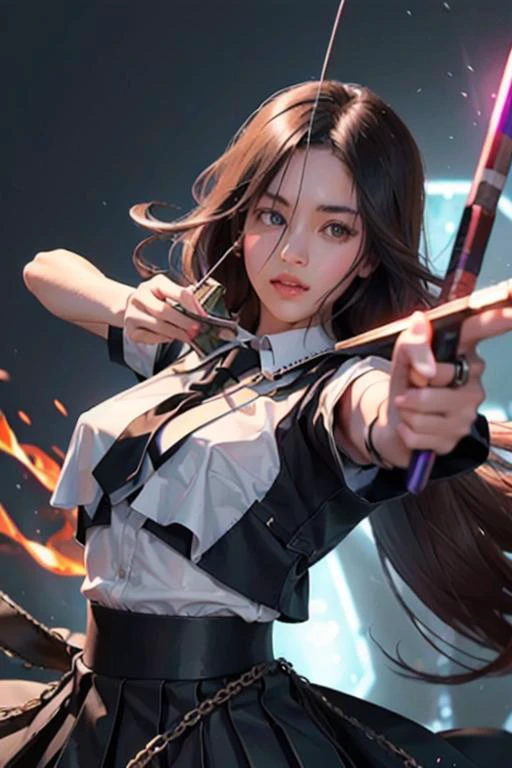 (drawing cyber bow), masterpiece, official art, best quality, unity 8k wallpaper, ultra detailed, extremely detailed, elegant, beautiful, aesthetic, romanticism, cinematic, a school girl, brown eyes, black very long hair, pleated skirt, pleated black necktie, collared white shirt, pleated skirt, dramatic angle, dynamic pose, face focus, looking at viewer, japan cyberpunk background, <lora:Saya-drawing bow:1>,