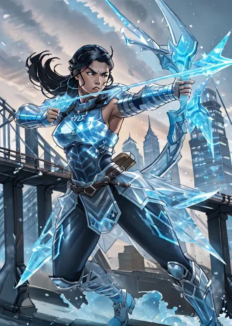 full shot, action pose, dynamic perspective, an athletic viking woman with black hair and (blue skin:1.1), wearing ic34rmor, drawing bow, cruel expression, on a New York City bridge, <lora:Clothing - Ice Armor:0.8>, <lora:Saya-drawing bow:1>