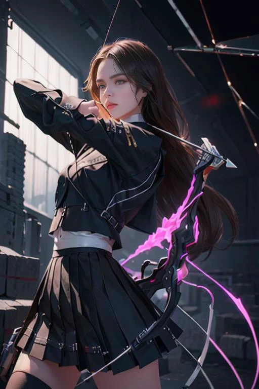 ((drawing bow)), <lora:Saya-drawing bow:1>, masterpiece, official art, best quality, photorealistic, unity 8k wallpaper, ultra detailed, extremely detailed, vivid illumination, enchanting elegance, atmospheric depth, masterful technique, naturalistic representations, harmonious composition, creative refinement, striking juxtapositions, a school girl, elegant, beautiful, brown big eyes, black very long hair, pleated black skirt, pleated black necktie, collared white shirt, cyber longbow, (dramatic angle), ((dynamic pose)), face focus, tokyo, cyberpunk, neon lights, tower, <lora:ran:0.2>