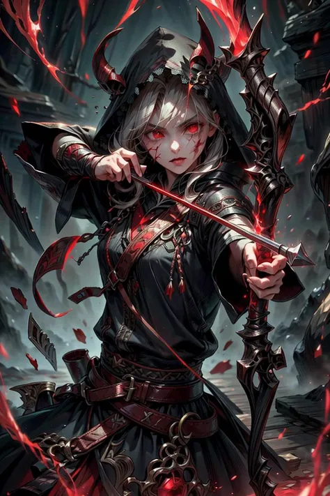 masterpiece, best quality, official art, extremely detailed CG unity 8k wallpaper, <lora:Saya-drawing bow:0.75> drawing bow, bow, arrow,  <lora:BloodMagic:1> bloodmagic, fantasy, magical energy, blood,  <lora:add_detail:1>, assassin, hood, red eyes,