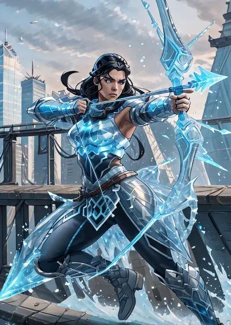 full shot, action pose, dynamic perspective, an athletic viking woman with black hair and (blue skin:1.1), wearing ic34rmor, drawing bow, cruel expression, on a New York City bridge, <lora:Clothing - Ice Armor:0.8>, <lora:Saya-drawing bow:1>