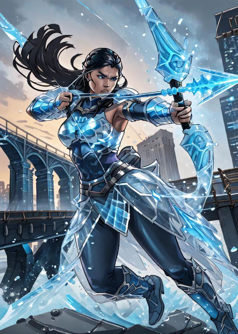 full shot, action pose, dynamic perspective, an athletic viking woman with black hair and (blue skin:1.1), wearing ic34rmor, drawing bow, cruel expression, on a New York City bridge, <lora:Clothing - Ice Armor:0.8>, <lora:Saya-drawing bow:1>