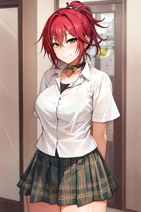 <lora:korotsuke_style:1> korotsuke style, 1girl,solo, red hair, green eyes long hair, looking at viewer, white shirt, plaid skirt, miniskirt, thighs, arms behind back, choker, ponytail,smile,blush, short sleeves,
