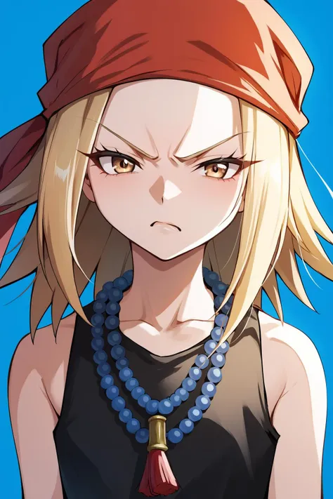score_9, score_8_up, score_7_up, source_anime, BREAK, 1girl, solo, solo focus, kyouyama anna, image of a petite girl, blonde hair, short hair, brown eyes, black dress, sleeveless dress, red bandana, bead necklace, <lora:Anna kyouyama:1>, stoic face, dark blue background, detailed eyes, necklace, tsundere