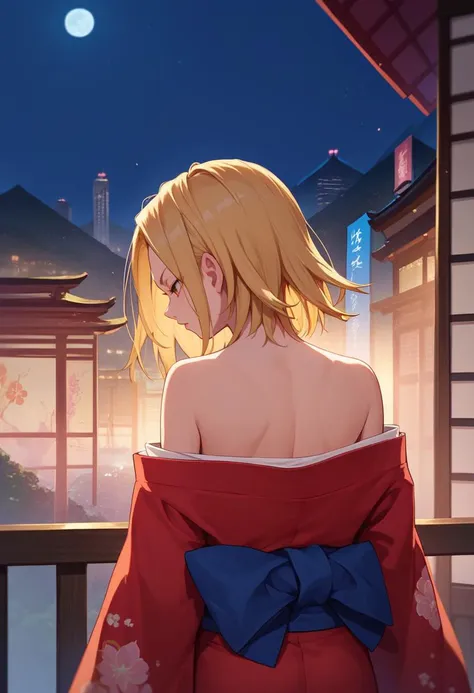 score_9, score_8_up, score_7_up,  1girl,   kyouyama anna, blonde hair, short hair, brown eyes, kimono, off shoulder, cityscape, night, from behind,   <lora:Anna DORA-000009:1>