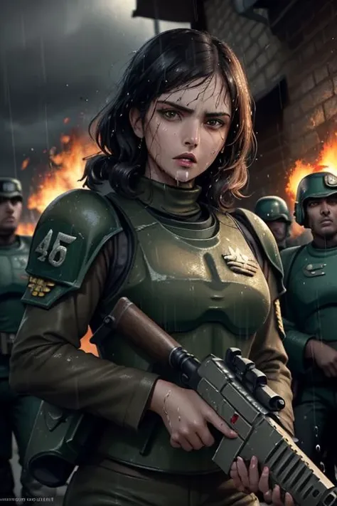 8k, masterpiece, upper body, 1girl warhammer 40k imperial guardsman, female, badass, intense facial expression, determined, ((fires in the background)), dramatic lighting, in the rain, dripping wet
<lora:warhammer40kImperial_v10:1> <lora:epiNoiseoffset_v2:1>