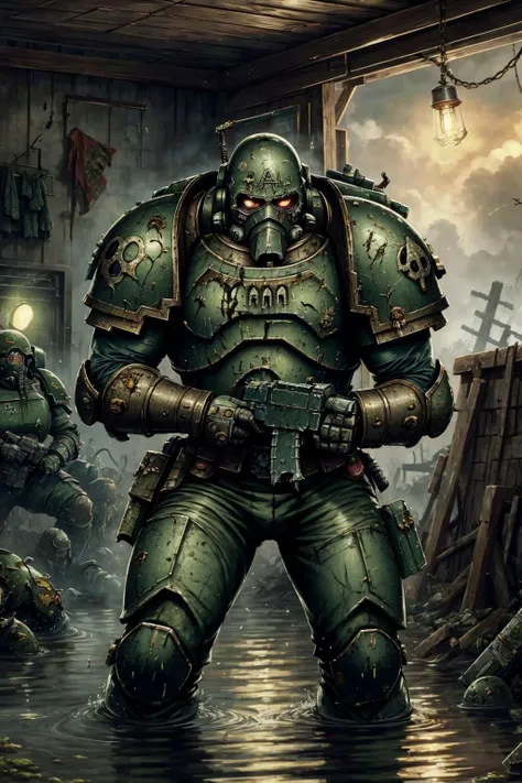 THEPIT, warhammer 40k imperial guardsman, corrupted by nurgle, true nurgle, green armor, light armor, shirt, tactical pants, soldier, modern infantry, rotting, plague, pox, disease, claws, green glow, knee deep water, toxic water, (masterpiece:1.2) (illustration:1.2) (best quality) (detailed) (intricate) (8k) (HDR) (wallpaper) (cinematic lighting) (sharp focus)(highly detailed face) <lora:add_detail:.3><lora:thepit-10_v2:.6>  <lora:truenurgle:.5> <lora:warhammer 40k imperial guardsman:.7>