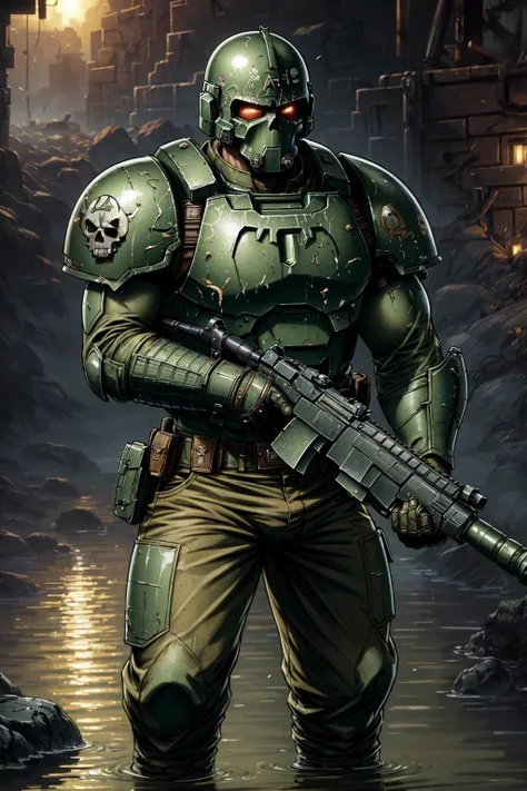 THEPIT, warhammer 40k imperial guardsman, corrupted by nurgle, true nurgle, green armor, light armor, shirt, tactical pants, soldier, modern infantry,skull, spikes, teeth, monster, dirty, tentacles, pus, pimples, crack, death, helmet, full armor, rust, corrosion, rotting, plague, pox, disease, claws, green glow, knee deep water, toxic water, (masterpiece:1.2) (illustration:1.2) (best quality) (detailed) (intricate) (8k) (HDR) (wallpaper) (cinematic lighting) (sharp focus)(highly detailed face) <lora:add_detail:.3><lora:thepit-10_v2:.6>  <lora:truenurgle:.3> <lora:warhammer 40k imperial guardsman:.7>