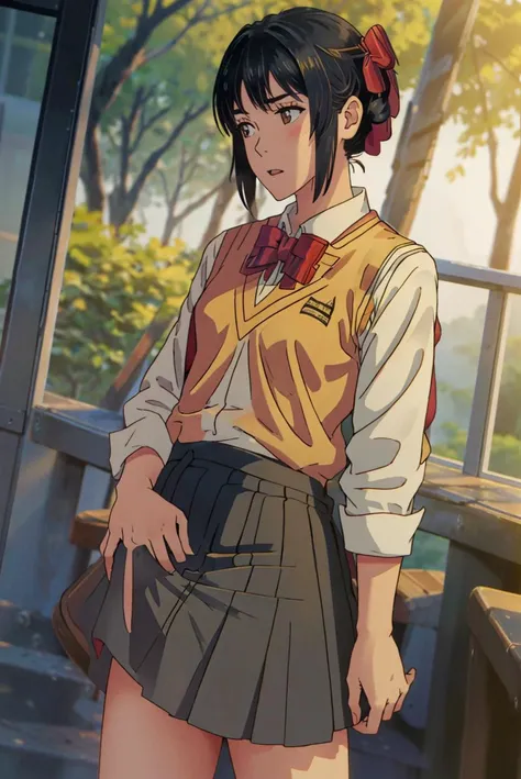 miyamizu_mitsuha,looking at viewer, aiming at viewer,full body shot, solo,1girl,nsfw,detail face,
(red bowtie, yellow school uniform, white shirt, black school skirt:1.5),right hand touch penis,right hand on her skirt,covered penis,
<lora:miyamizu_mitsuha:0.65>
(skirt covered penis:1.3),(skirt bulge),skirt,cloth bulge, dress, <lora:cloth-bulge:0.9>
in autumn, hills, stream, rice paddy,wet clothes, wet skirt
(8k,raw photo, masterpiece, best quality),(photon mapping, radiosity, physically-base rendering, automatic white balance),CG unity, Official art, amazing, finely detail, an extremely delicate and beautiful, extremally detailed,blender, octanerender, masterpiece, best quality, highres, drawing , <lora:add_detail:0.2>,