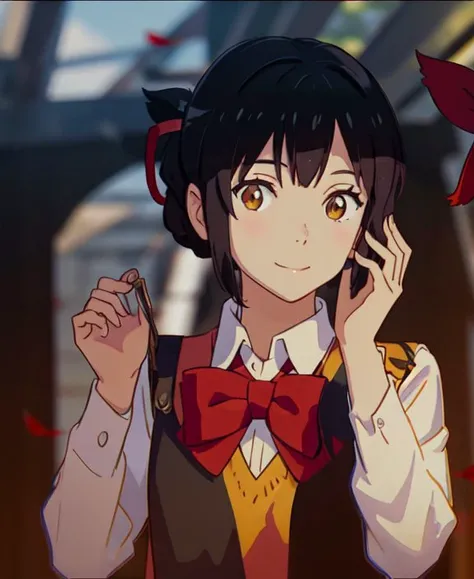 <lora:sanye_batch1:0.7>, miyamizu_mitsuha, 1 girl, solo, upper body, smile, holding hair:1.2, looking at viewer, red bowtie, yellow school uniform, white t-shirt, black school skirt, outdoors, park, flowers, trees