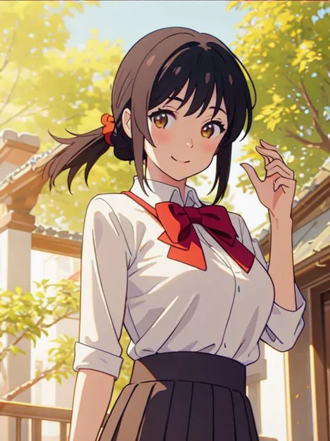 <lora:sanye_batch1:0.5>, miyamizu_mitsuha, 1 girl, solo, upper body, smile, holding hair:1.2, looking at viewer, red bowtie, yellow school uniform, white t-shirt, black school skirt, outdoors, park, flowers, trees, (huge breasts:1.4, upper body, from below, cameltoe, ), nude