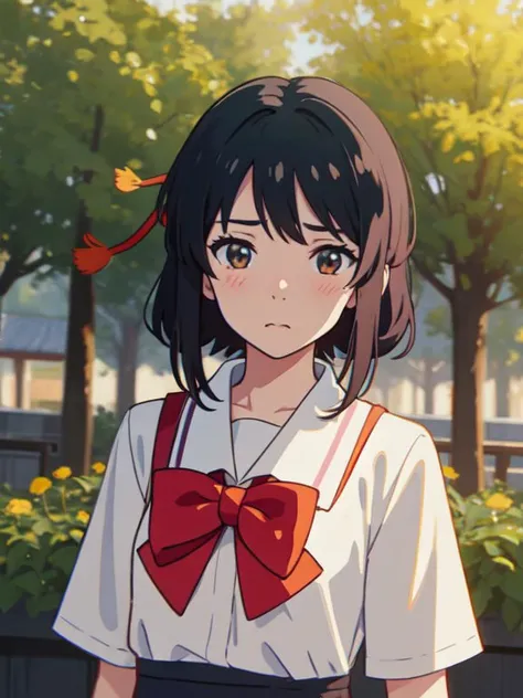 <lora:sanye_batch1:0.5>, miyamizu_mitsuha, 1 girl, solo, upper body, sad face, (holding hair:0.4), arms out, (open shirt:0.7), looking at viewer, red bowtie, (yellow school uniform:0.5), white t-shirt, black school skirt, outdoors, park, flowers, trees, (huge breasts:0.4), (from above:0.4), (nude:0.7), looking at camera, torn clothes, windy