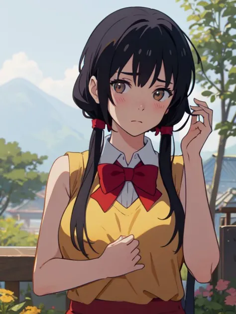 <lora:sanye_batch1:0.5>, miyamizu_mitsuha, 1 girl, solo, upper body, sad face, holding hair:1.2, looking at viewer, red bowtie, yellow school uniform, white t-shirt, black school skirt, outdoors, park, flowers, trees, (huge breasts:1.3, upper body, (from above:0.4)), (nude:1.3), looking at camera, torn clothes, windy