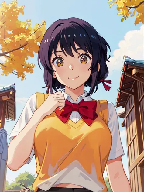 <lora:sanye_batch1:0.5>, miyamizu_mitsuha, 1 girl, solo, upper body, smile, holding hair:1.2, looking at viewer, red bowtie, yellow school uniform, white t-shirt, black school skirt, outdoors, park, flowers, trees, (huge breasts:1.4, upper body, from below, cameltoe, ), nude