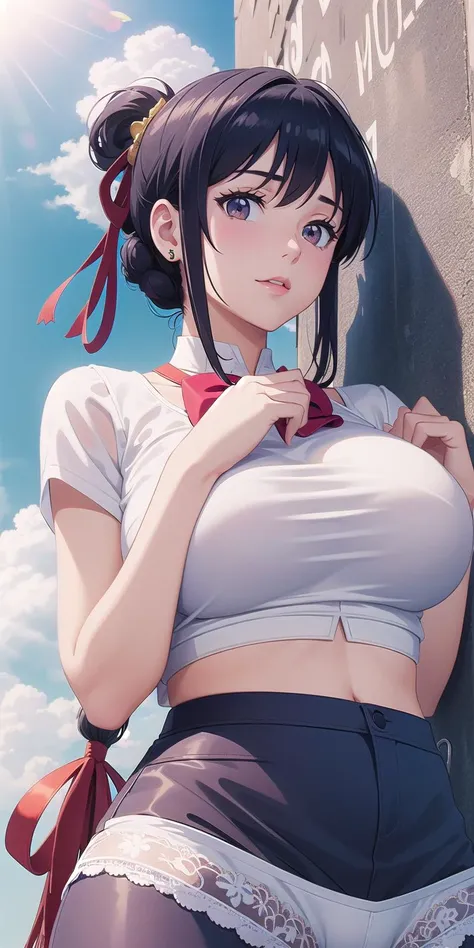 miyamizu_mitsuha, red bowtie,
jewelry, white yoga crop top, white yoga tight shorts, hands on chest,see-through, looking at viewer,  hair ornament, choker, shy,
(masterpiece, top quality, best quality, official art, beautiful and aesthetic:1.2), (1 girl), extreme detailed,  colorful, highest detailed,
(huge breasts:1.2, upper body, from below,  cameltoe,  ) white panties,
china city,street,  sun, cloud, wall, leaning,