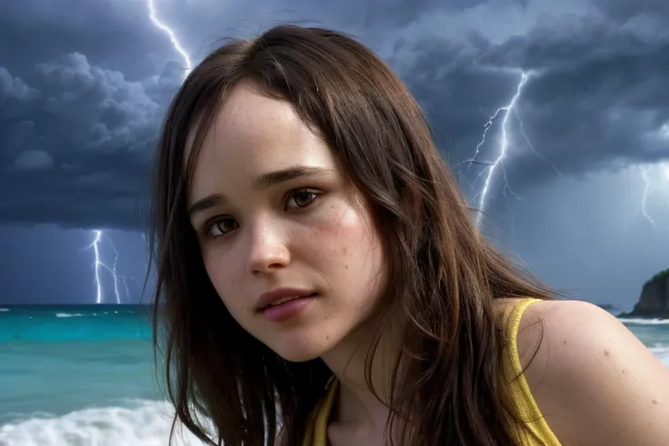Ultra realistic Ellen Page real life actress, slim body, look at viewer, horny, seductrice eyes, sexual attraction, ultra realistic real life hair style, Ultra realistic real life detail big dark brown eyes, Ultra realistic real life detail lips, Ultra realistic real life smile, Ultra realistic real life white teeth, RAW candid cinema, 16mm, color graded portra 400 film, remarkable color, ultra realistic detail textured skin, Ultra realistic tight gold mini bikini, ultra realistic random jewlery, remarkable detailed pupils, realistic tanned dull skin noise, visible skin detail, skin fuzz, moisturize skin, shot with cinematic camera, detailed skin texture, (blush:0.5), (goosebumps:0.5), subsurface scattering, warm professional lighting, (((standing with her back to big rock close to the waves at the beach))),  ultra realistic ocean wave, (((ultra realistic storm with lightning coming on background))),  ultra realistic wind blow her hair,  <lora:locon_ellen_v1_from_v2_64_32:1>, sks woman, (((extreme close up))),