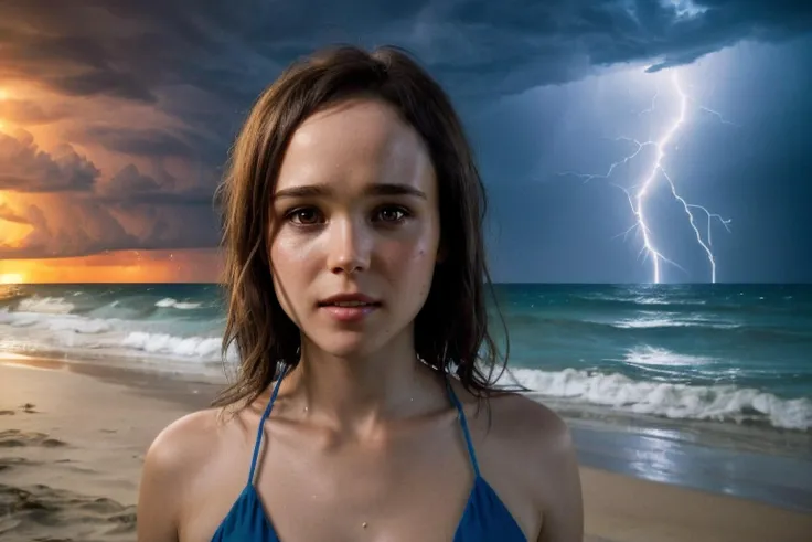 Ultra realistic Ellen Page real life actress, slim body, look at viewer, horny, seductrice eyes, sexual attraction, ultra realistic real life hair style, Ultra realistic real life detail big dark brown eyes, Ultra realistic real life detail lips, Ultra realistic real life smile, Ultra realistic real life white teeth, RAW candid cinema, 16mm, color graded portra 400 film, remarkable color, ultra realistic detail textured skin, Ultra realistic tight gold mini bikini, ultra realistic random jewlery, remarkable detailed pupils, realistic tanned dull skin noise, visible skin detail, skin fuzz, moisturize skin, shot with cinematic camera, detailed skin texture, (blush:0.5), (goosebumps:0.5), subsurface scattering, warm professional lighting, (((standing with her back to big rock close to the waves at the beach))), ultra realistic ocean wave, (((ultra realistic storm with lightning coming on background))), ultra realistic wind blow her hair, <lora:locon_ellen_v1_from_v2_64_32:1>, sks woman,