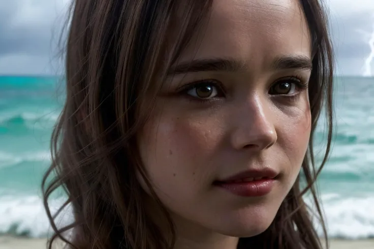 Ultra realistic Ellen Page real life actress, slim body, look at viewer, horny, seductrice eyes, sexual attraction, ultra realistic real life hair style, Ultra realistic real life detail big dark brown eyes, Ultra realistic real life detail lips, Ultra realistic real life smile, Ultra realistic real life white teeth, RAW candid cinema, 16mm, color graded portra 400 film, remarkable color, ultra realistic detail textured skin, Ultra realistic tight gold mini bikini, ultra realistic random jewlery, remarkable detailed pupils, realistic tanned dull skin noise, visible skin detail, skin fuzz, moisturize skin, shot with cinematic camera, detailed skin texture, (blush:0.5), (goosebumps:0.5), subsurface scattering, warm professional lighting, (((standing with her back to big rock close to the waves at the beach))),  ultra realistic ocean wave, (((ultra realistic storm with lightning coming on background))),  ultra realistic wind blow her hair,  <lora:locon_ellen_v1_from_v2_64_32:1>, sks woman, (((extreme close up))),