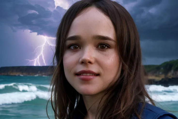 Ultra realistic Ellen Page real life actress, slim body, look at viewer, horny, seductrice eyes, sexual attraction, ultra realistic real life hair style, Ultra realistic real life detail big dark brown eyes, Ultra realistic real life detail lips, Ultra realistic real life smile, Ultra realistic real life white teeth, RAW candid cinema, 16mm, color graded portra 400 film, remarkable color, ultra realistic detail textured skin, Ultra realistic tight gold mini bikini, ultra realistic random jewlery, remarkable detailed pupils, realistic tanned dull skin noise, visible skin detail, skin fuzz, moisturize skin, shot with cinematic camera, detailed skin texture, (blush:0.5), (goosebumps:0.5), subsurface scattering, warm professional lighting, (((standing with her back to big rock close to the waves at the beach))), ultra realistic ocean wave, (((ultra realistic storm with lightning coming on background))), ultra realistic wind blow her hair, <lora:locon_ellen_v1_from_v2_64_32:1>, sks woman, (((extreme close up))),