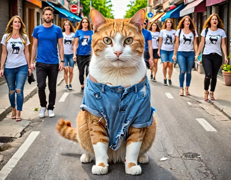 a huge cat on street,wearing t-shirt,rippingclothes <lora:rippingclothesv6abbreviated captions:1>