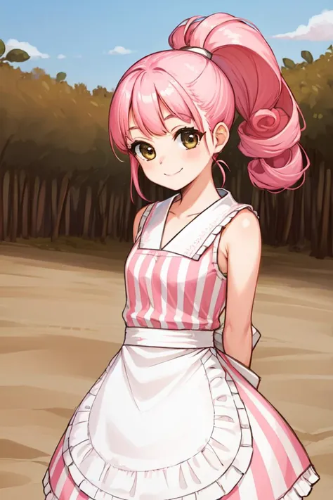 1 girl, outdoors, desert, standing, smile,
 <lora:Azure_Dreams_-_Patty:0.5> azurepatty, pink hair, bangs, ponytail, high ponytail, curly hair, brown eyes,
waitress, apron, hoop skirt, white strips, pink strips, bare arms, sleeveless,