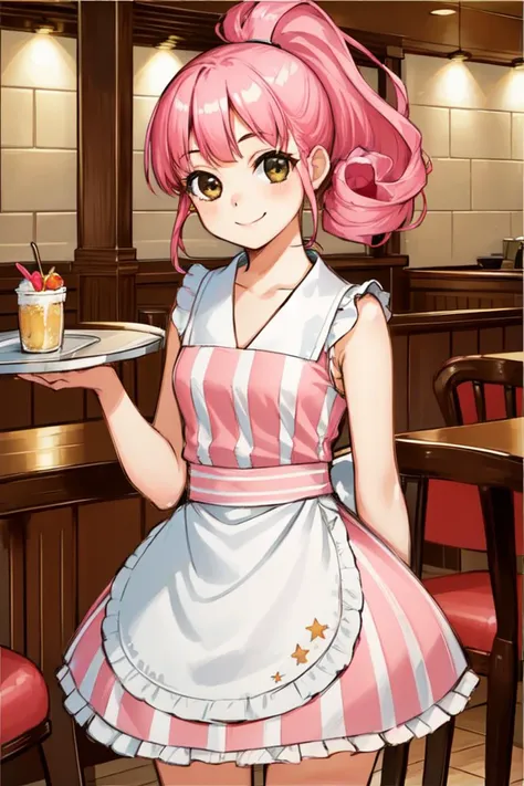 1 girl, indoors, restaurant, holding tray, standing, smile,
 <lora:Azure_Dreams_-_Patty:0.5> azurepatty, pink hair, bangs, ponytail, high ponytail, curly hair, brown eyes,
waitress, apron, hoop skirt, white strips, pink strips, bare arms, sleeveless,