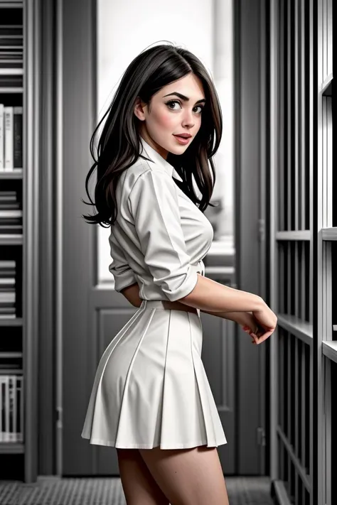 tv_Martina_Wilson_MXAI_V1, wearing dress shirt and skirt, standing, joyful expression, from the side , in dusty library