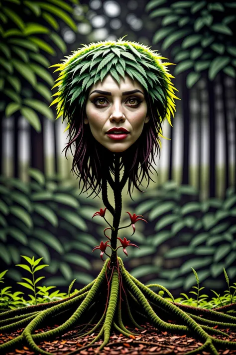 Masterpiece, Best Quality, ultrarealistic photography, real life, colorful, amazing, perfect lighting, bright colors, dramatic, dynamic, cinematic lighting, hyperrealism, intricate details, epic, realism, 
([ Gillian Jacobs|Alissa White-Gluz]), (dryad:1.3) transformation, tree roots, twisting vines, overgrown legs, (carnivorous plant:1.2), marijuana, green pheromones, pollen dust, aroused, PA7_Photo <lora:LORA-XenoDetailer-v3A:0.25>