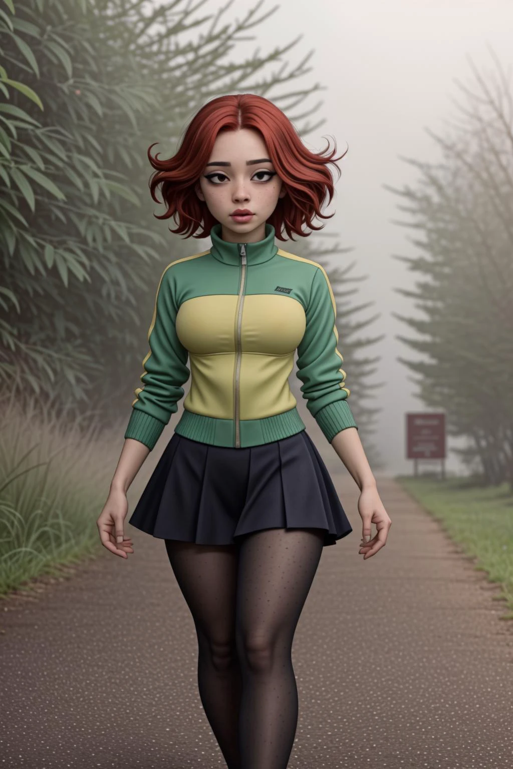 , f/16, Shutter Speed 1 sec, ISO25600, White Balance Shade, Exposure Compensation "-1.5 EV", Shutter Priority Shooting Mode, Framing, focus Mode Manual, Spot Metering, Unsurpassed Masterwork, 1girl, solo, 18 years old, ((curious, (freckles:0.85):1.2), looking down, black eyes, high detail skin, real skin, skin texture:1.3), (red hair, short hair:1.4), light passing through hair, (pureerosface_v1:1.2), (full body, walking:1.5), (elegant:1.2), abs, narrow waist, wide hips, nice hands, perfect hands, <lora:ReaLora:0.45>, (outdoor, school entrance, crowdy, windy, fog:1.4), <lora:kimnew:0.55>, (kimpine, green track jacket, black skirt, purple pantyhose:1.2),