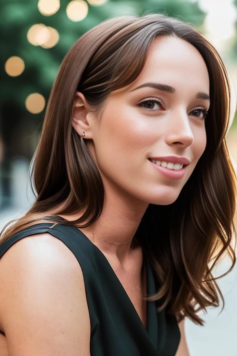 A professional photograph of a CIARA_OD2:1 wearing a black dress in a street. long hair, heavy makeup, blusher, detailed face, detailed teeth, eye contact. (8k, RAW photo, best quality, masterpiece:1.2), (realistic, photorealistic:1.37), best quality, hyper detailed, highres, 1girl. ((depth of field)). bokeh:1.3. ((Female focus)). warm lighting, RAW photo.