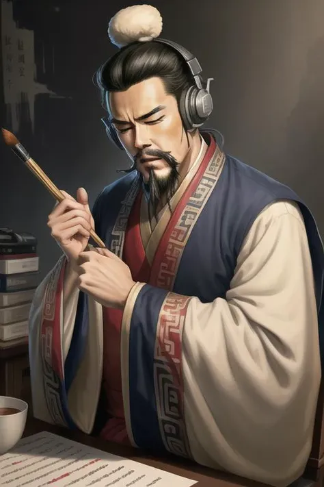 (4k, best quality, highres:1.1), (masterpiece:1.1), medium shot, man, Chinese male, eyes closed, (wearing headphones, Sony WH-1000XM3:1.2), holding ink brush, doing calligraphy, (Chen Daoming:1.6), facial_hair, hanfu, 1boy, beard, male_focus, mustache, chinese_clothes, old, solo, old_man, wide_sleeves, long_sleeves, topknot, robe,
<lora:TheThreeKingdoms_v11:0.7> <lora:Moxin_10:0.3> <lora:Xiaorenshu_v20:0.2>