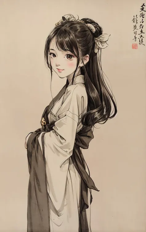 shukezouma,masterpiece,negative space,shuimobysim,traditional chinese ink painting, modelshoot style
1girl, wearing long hanfu,looking at viewer,hanfu, song, peaceful,hanfu, ((smile)),
portrait of a woman standing ,
willow tree in background,willow branches,