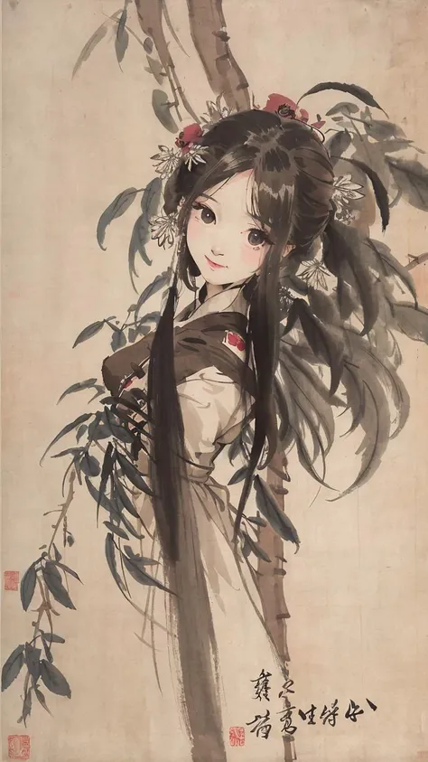 negative space, portrait of a woman standing , willow branches, (masterpiece, best quality:1.2), traditional chinese ink painting, modelshoot style, peaceful, (smile), looking at viewer, (wedding dress:0.8), (mechanical exoskeleton:1),song, willow tree in background, wuchangshuo, <lora:Moxin_Shukezouma11:0.7> <lora:Moxin_10:0.65>