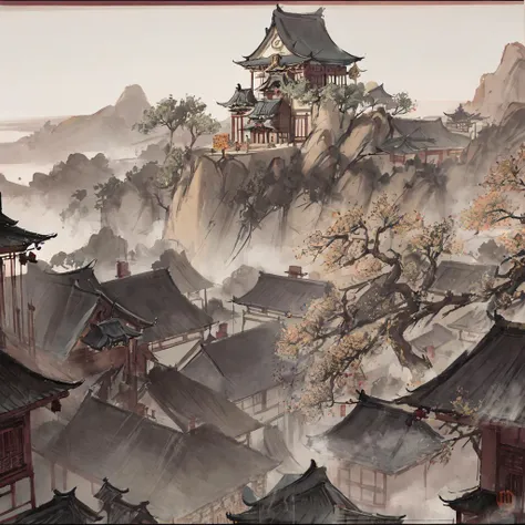 there is a large building with a mountain in the background, taoist temples and monks, the taoist temples of huangshan, full - view, ancient chinese architecture, nanquan, temple in the background, jinyiwei, wide view, a wide full shot, guangjian, xianxia, qiangshu, jin shan, temple in the distance
